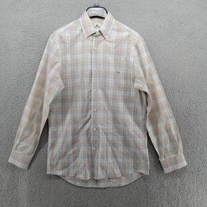 Lacoste Shirt Mens Size 38 Medium Beige Tan Blue Windowpane Check Button Down